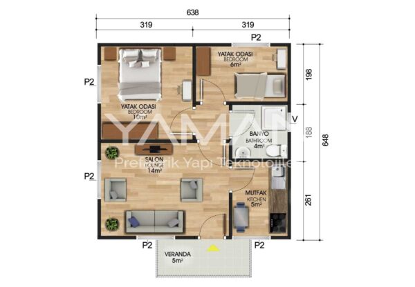 45 m2 Prefabrik Ev Planı